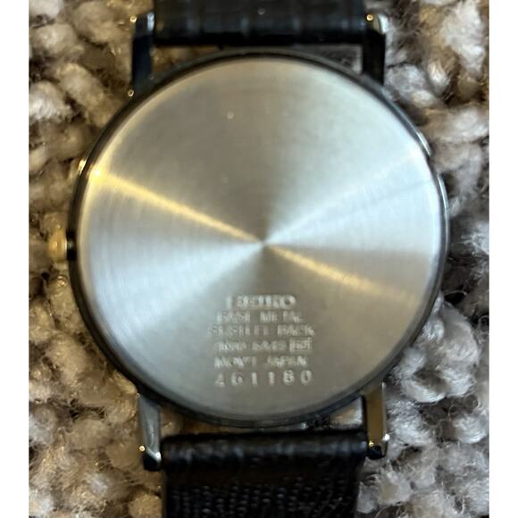VTG Seiko Quartz Watch Black Dial Gold Accents Diamond Markers Leather Strap WMN